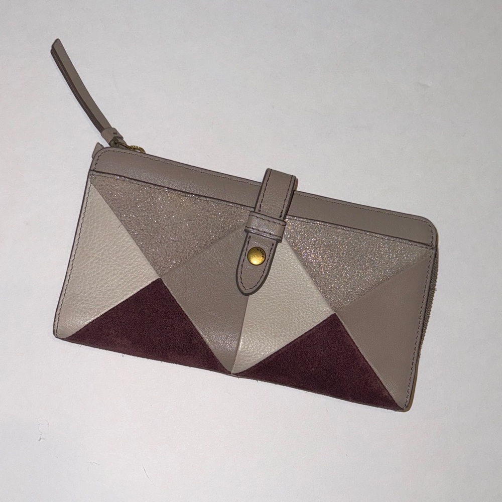 Fossil Fiona Tab Clutch Wristlet Wallet Geometric Patchwork Leather Metallic Tan